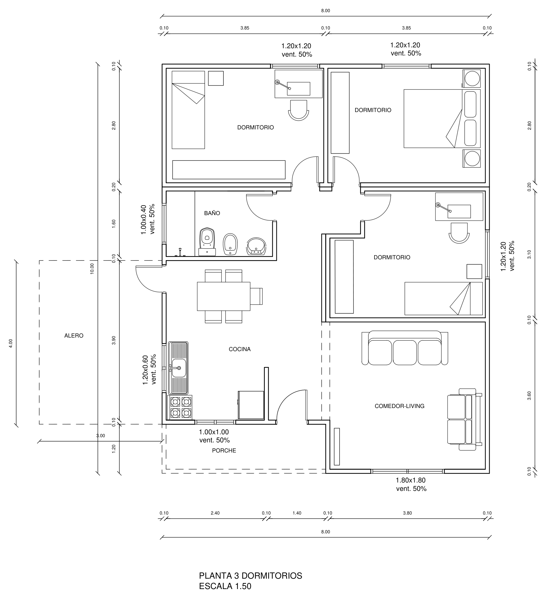 Planta arquitectónica 3 dormitorios